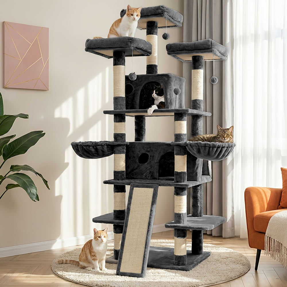 Large Multi-Level Cat Tree Tower – 68–81 Inch Tall Cat Condo with 2 Condos, 3 Plush Perches, Scratching Posts & Cat Hair Brush