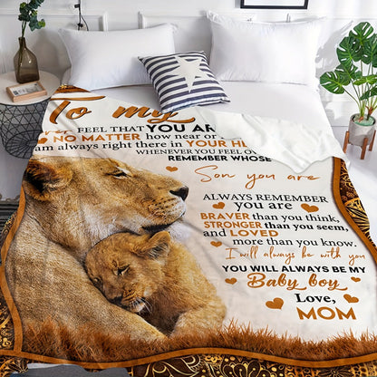 Lion Artwork Throw Blanket with To My Son Message from Mom in 50 x 60 or 60 x 80-Inch Sizes