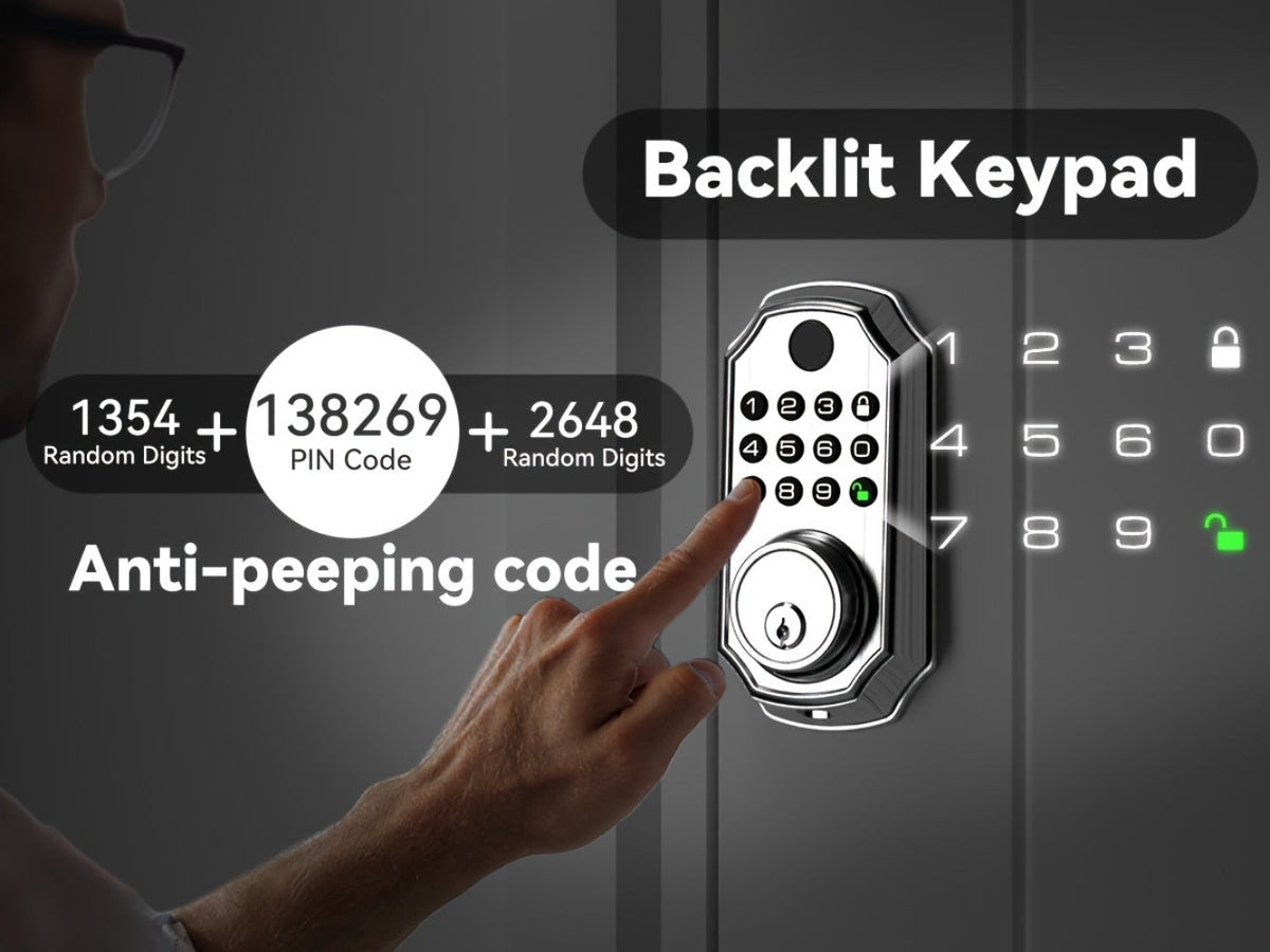 Voice Guided Keypad Deadbolt with Fingerprint, PIN, One-Time Visitor Code & Key, Backlit Keypad, Auto Lock