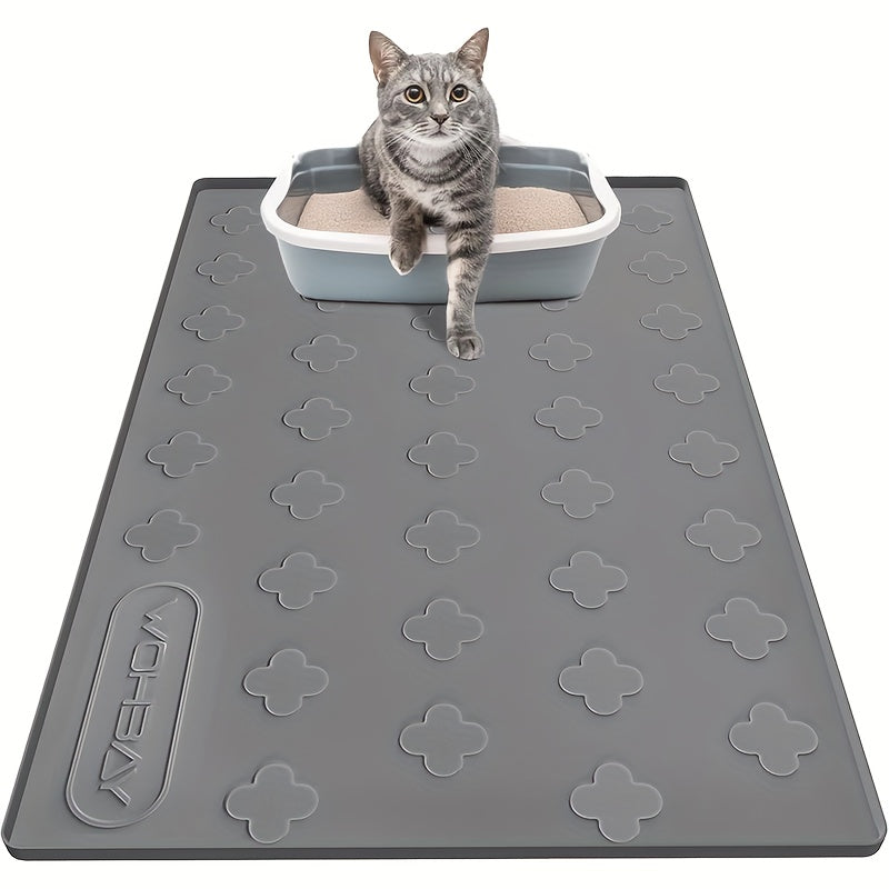 Cat Litter Mat XXL Silicone 34x22 Inch - 3-in-1 Waterproof Non-Slip Litter Trapping Mat with Raised Edges Easy Clean Foldable Pet Feeding Floor Protector