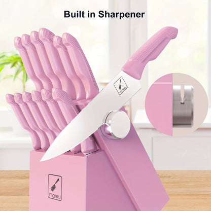 Kitchen Knife Set by imarku, 14-Piece Pink Stainless Steel Block with Six Steak Knives, Shears and Built-In Sharpener