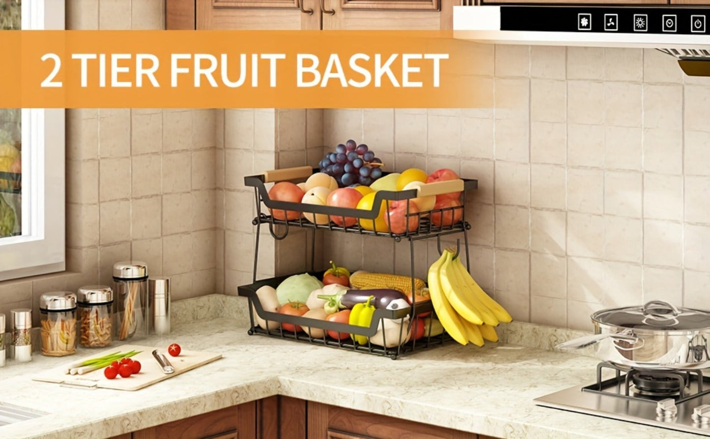 Two- or Three-Tier Black Wire Fruit Basket with Wood-Look Handle and Two Banana Hanger Hooks