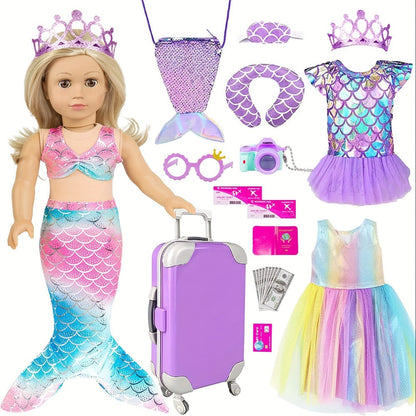 Twenty-Piece Mermaid Travel Accessory Set for 18-Inch Dolls with Purple Suitcase, Skirts and Crown