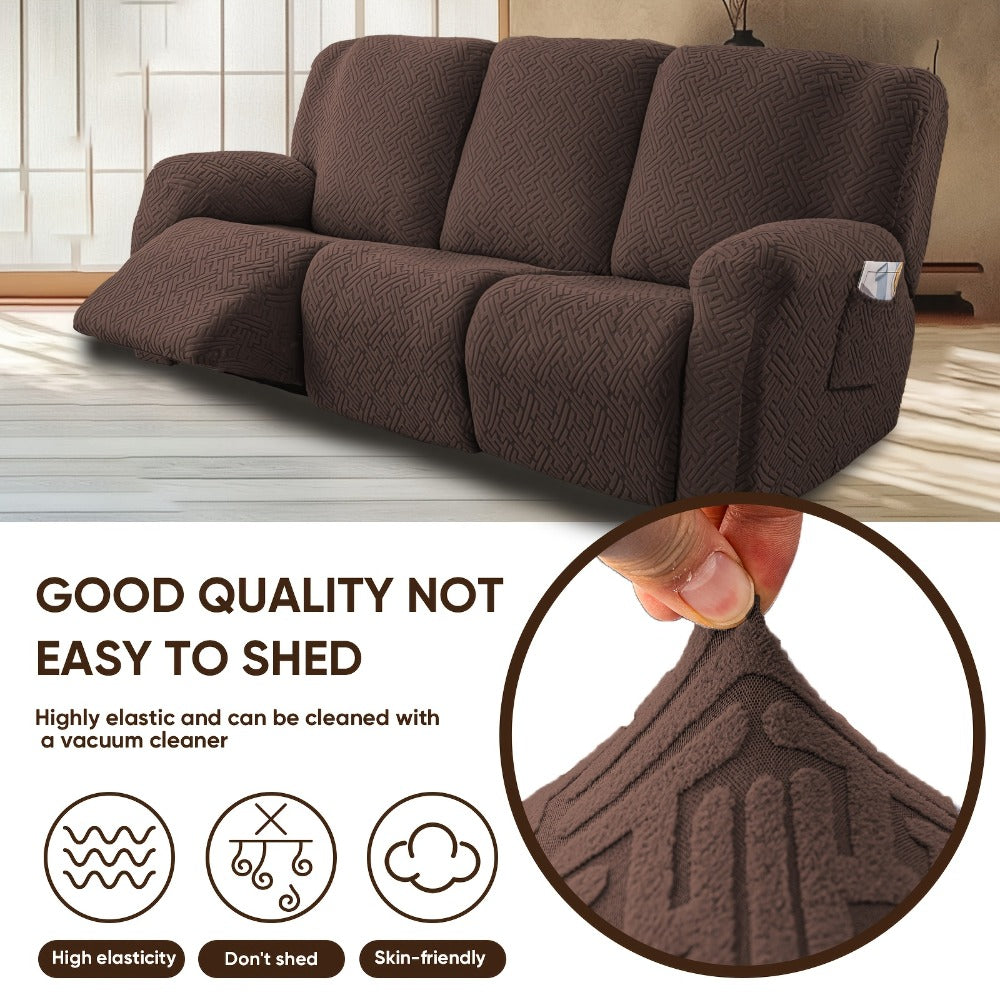 Slipcover Set, Eight-Piece Jacquard Stretch Cover for Three-Seat Recliner with Side Pocket in Nine Colors