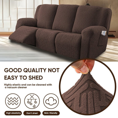 Slipcover Set, Eight-Piece Jacquard Stretch Cover for Three-Seat Recliner with Side Pocket in Nine Colors