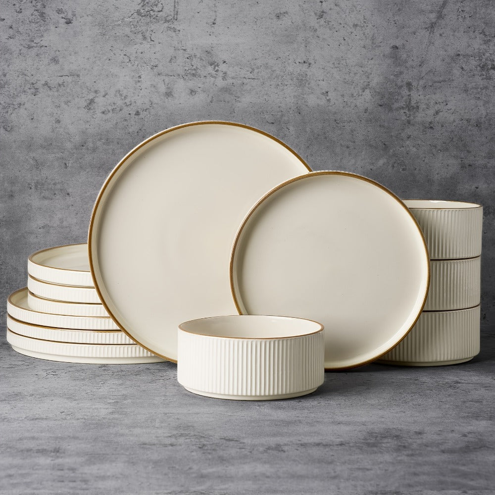 12-Piece Ribbed Dinnerware Set for Four with Dinner Plates, Salad Plates and Cereal Bowls in Two Cream Tones
