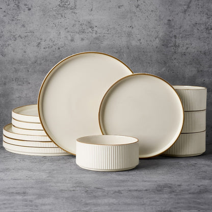 12-Piece Ribbed Dinnerware Set for Four with Dinner Plates, Salad Plates and Cereal Bowls in Two Cream Tones