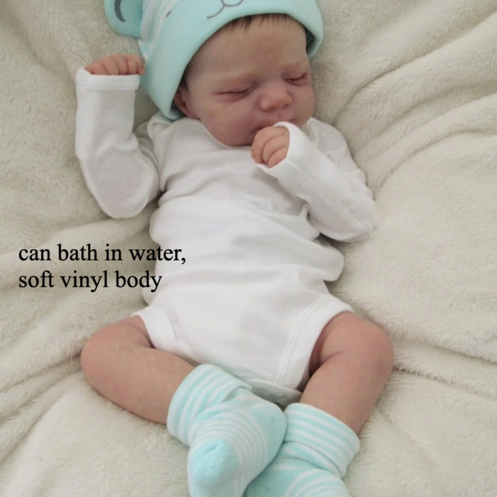 Closed-Eye 19-Inch Baby Doll with Full Vinyl Body, Mint Bear Hat and White Outfit for Pretend Play