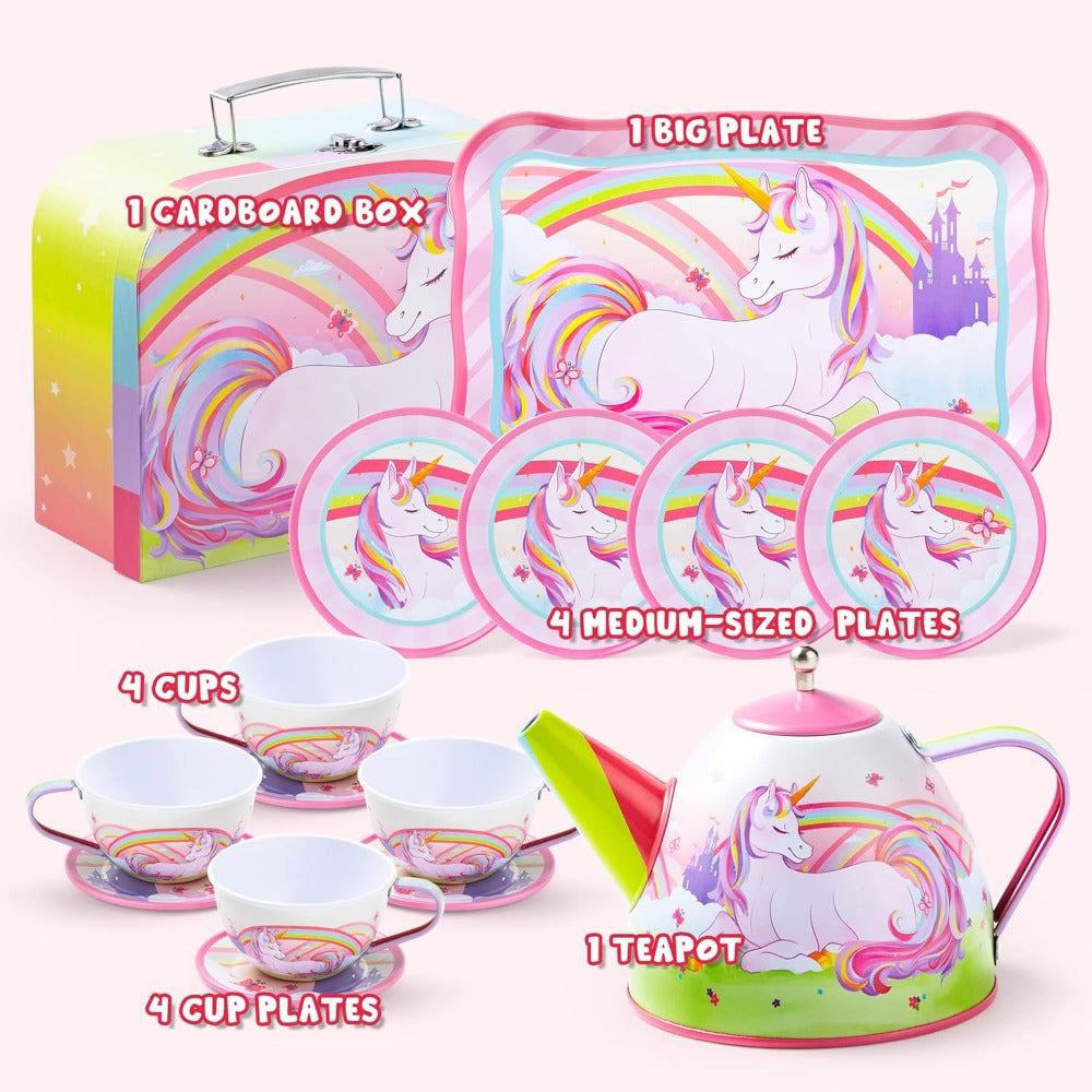 Pink Unicorn Tin Tea Set in Carry Case with Teapot, Four Cups, Four Saucers and Five Plates