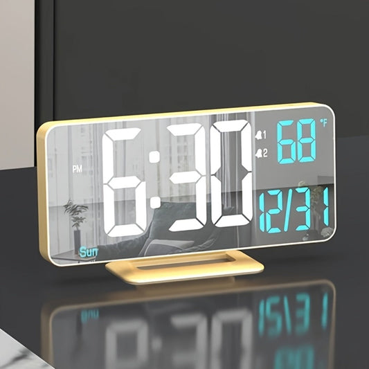 Large Digital Alarm Clock 6.7" with Dual Alarm & Dimmable LED Display – USB Powered Desk Clock with Temperature, Date & Day of Week | Modern Golden Bedside Clock for Bedroom, Living Room & Office