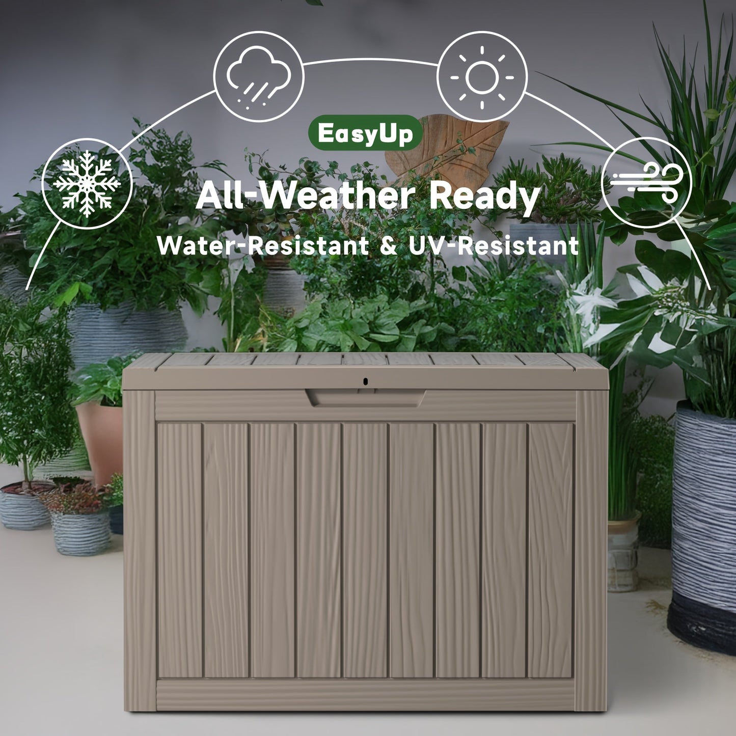 Wood-Grain Resin Deck Storage Box with Lockable Lid in Black or Light Brown Finish Options