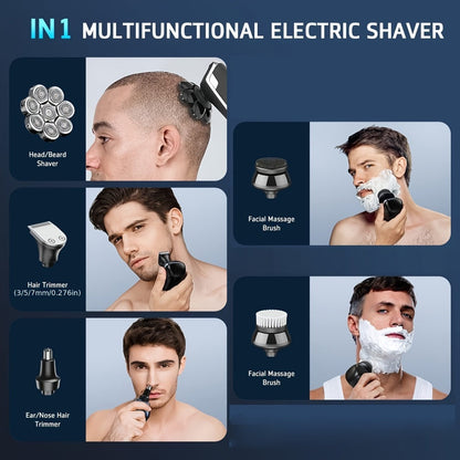 9D Floating Head Electric Razor for Bald Men 5-in-1 Grooming Kit Beard Trimmer Nose Hair Trimmer Facial Cleanser Body Groomer USB Rechargeable Cordless Shaver for Home Travel