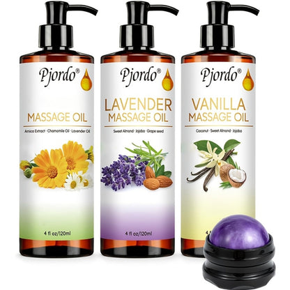 Massage Oil Set 3pcs Roller Ball, Vanilla Arnica & Lavender Essential Oils Moisturizing Body Massage Kit for