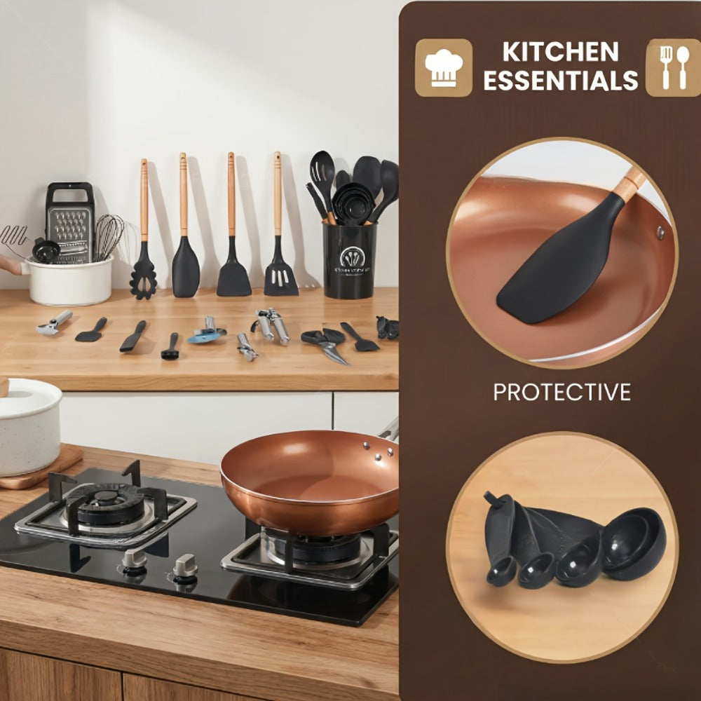 Silicone Kitchen Utensil Set 12PCS with Wooden Handle - Heat Resistant Non-Stick Safe Cooking Spatula Spoon Turner Tongs Brush with Holder for Home Restaurant Gift