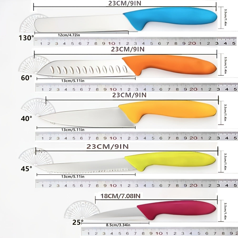 Five-Piece Colorful Paring Knife Set with Steel Blades and Pink, Green, Yellow, Orange and Blue PP Handles