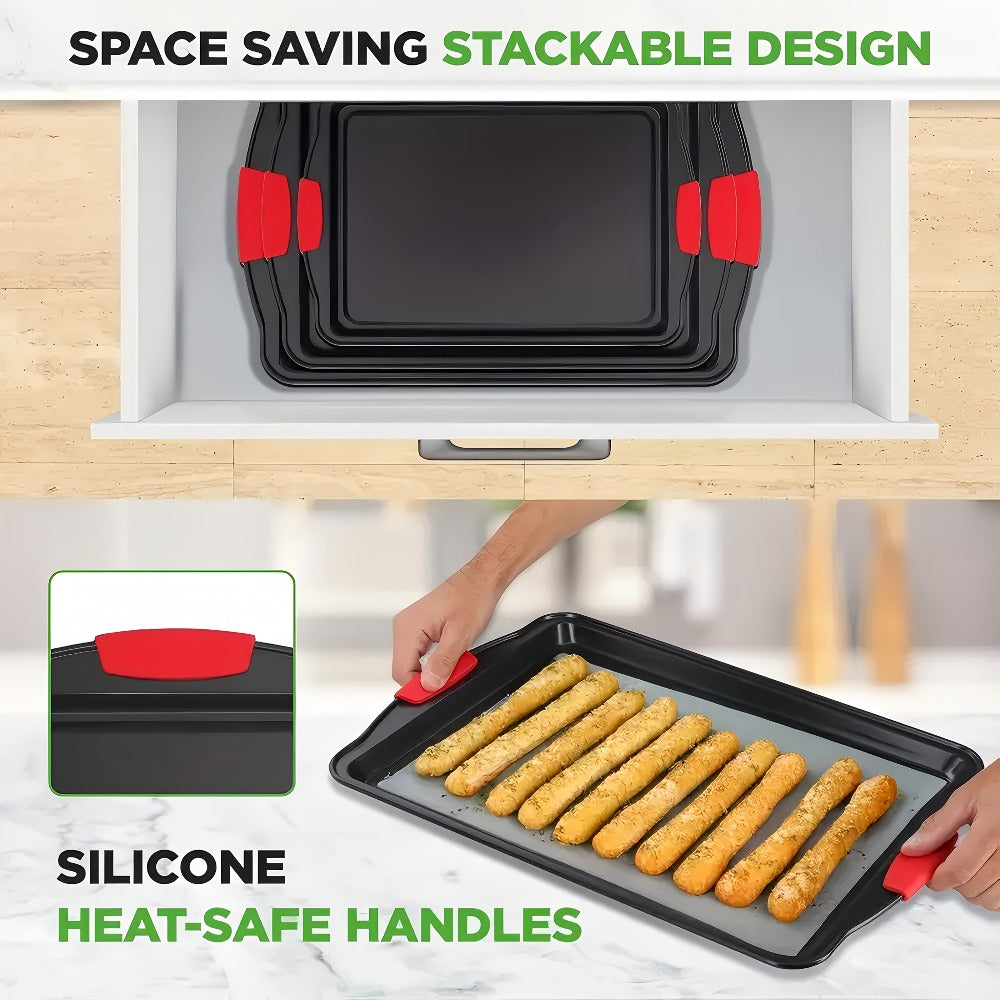 Three-Piece Black Baking Sheet Set with Red Grip Tabs in Small, Medium and Large Nesting Sizes