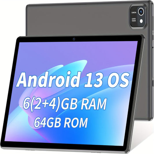 Android Tablet 10-Inch with Android 13, Quad-Core CPU, 6GB Advertised Memory and 64GB Internal Storage