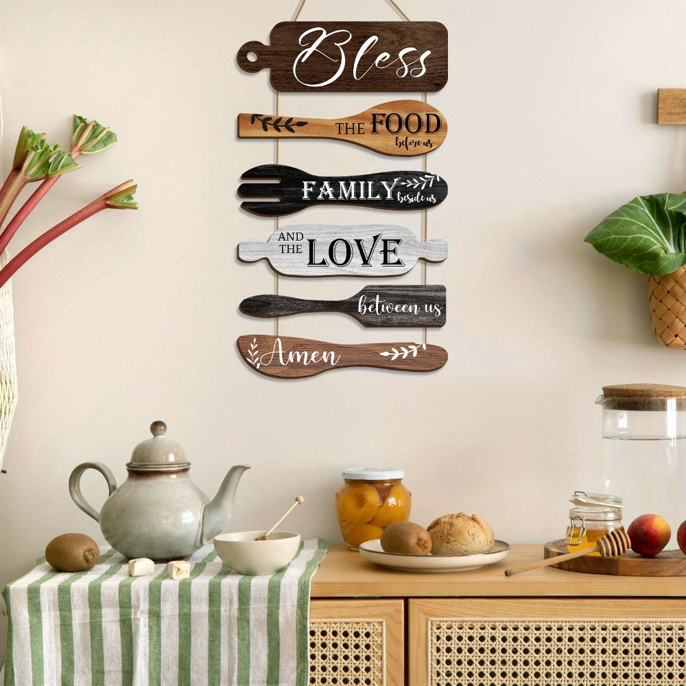 Farmhouse Wall Decor Wood Sign Set - "Bless The Food Before Us" Rustic Kitchen Dining Room Hanging Plaque