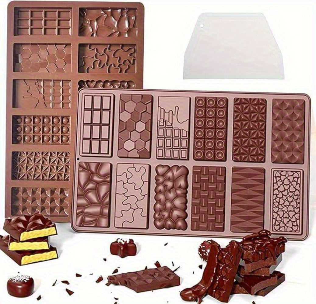 Three-Pack 12-Cavity Silicone Chocolate Bar Mold Set with Scraper for Candy, Wax Melts and Soap
