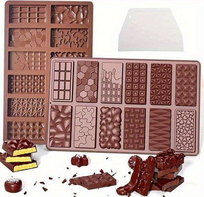 Three-Pack 12-Cavity Silicone Chocolate Bar Mold Set with Scraper for Candy, Wax Melts and Soap