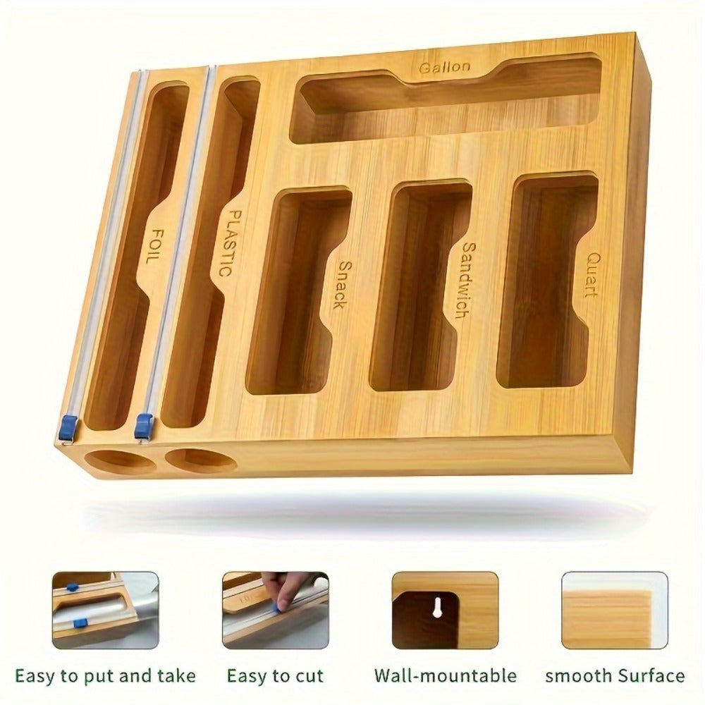 Foil and Bag Dispenser Kitchen Organizer 6-in-1 Bamboo Drawer Box with Built-In Cutter for Home Storage