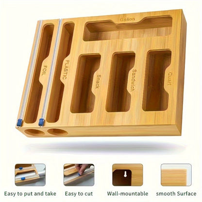 Foil and Bag Dispenser Kitchen Organizer 6-in-1 Bamboo Drawer Box with Built-In Cutter for Home Storage