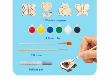 Wooden Magnet Painting Craft Kit, 12-Piece Nature Shape Set with Six Paint Tubs, Brushes and Glitter Pen