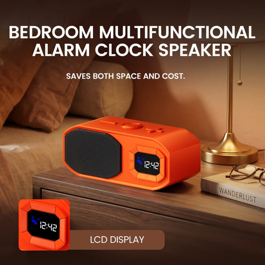 Bluetooth Speaker with Digital Alarm Clock, Fixed-Time Alarm, HD Sound, TWS Stereo Pairing, USB TF Card AUX Input, Type-C Rechargeable, Non-Slip Base, Wireless Bedside Speaker for Home Bedroom Dorm Camping