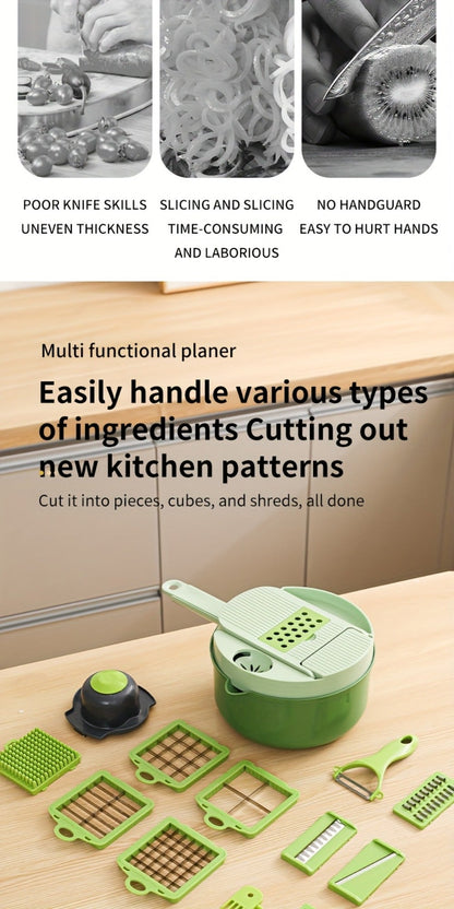 16-in-1 Green Vegetable Chopper with Round Container, Grid Dicing Plates, Slicer, Grater and Peeler Pieces