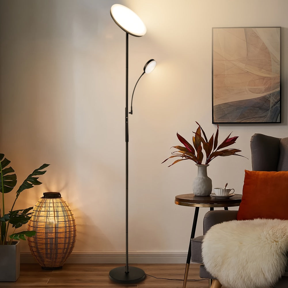 Dual-Head Torchiere Floor Lamp with 27W Main Light, 7W Reading Arm, Four Color Temperature Modes and Remote or Touch Control