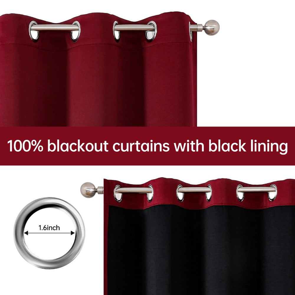 Four-Panel Grommet Blackout Curtain Set in Wine Red, Black or Gray with Six Sizes from 37 x 54 to 52 x 108 Inches