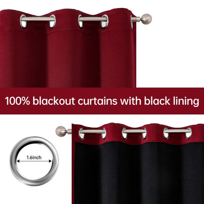 Four-Panel Grommet Blackout Curtain Set in Wine Red, Black or Gray with Six Sizes from 37 x 54 to 52 x 108 Inches