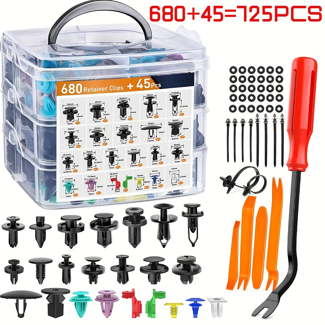 Car Bumper Screw & Rivet Repair Kit 725-Piece – Universal Plastic Clips, Nuts & Fasteners for Bumper, Wing & Interior Body Panels, Includes 680 Rivets + 45-Piece Tool Set