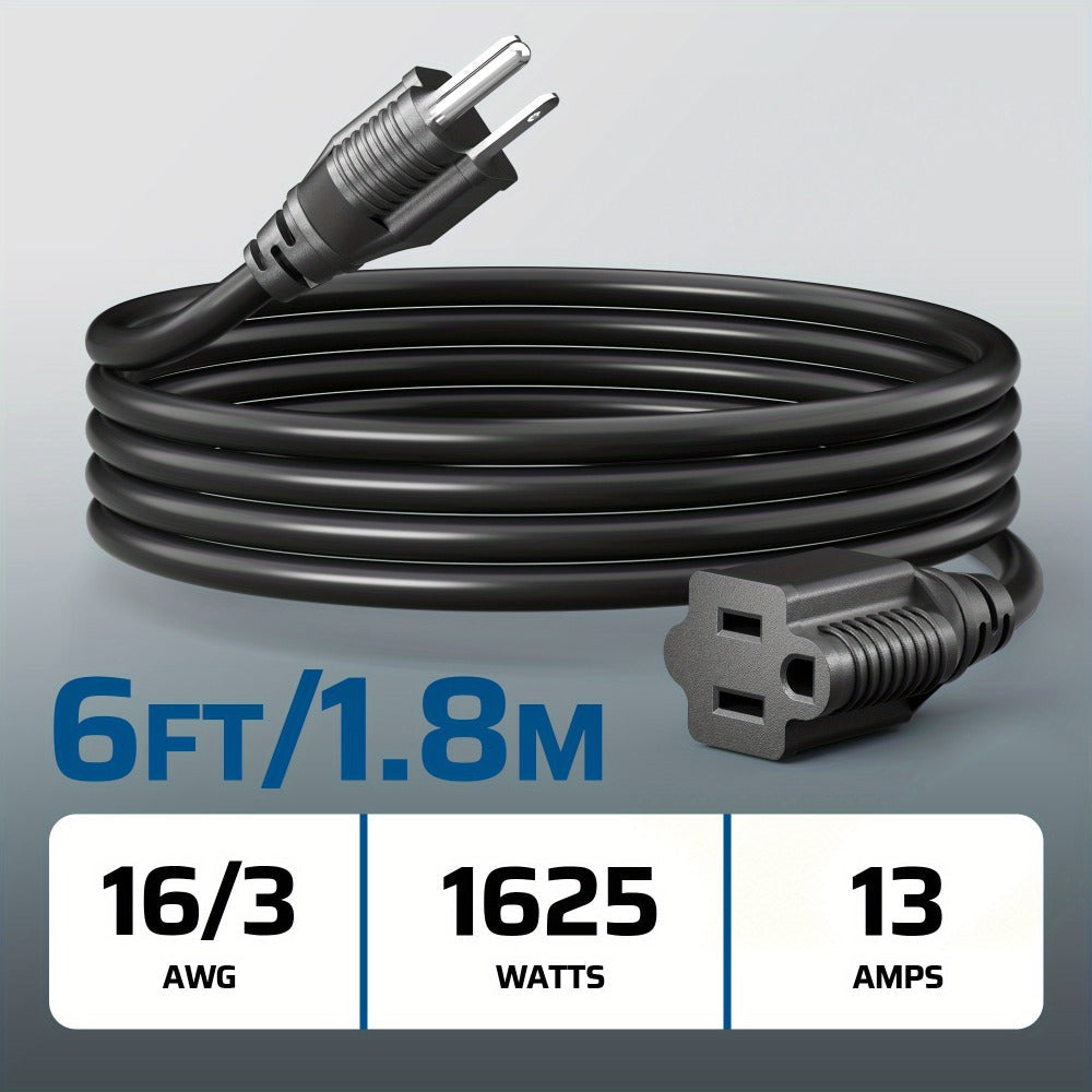 Three-Pack 6-Foot 16/3 Extension Cords in Black with Single Outlets and 13A 125V 1625W Labels