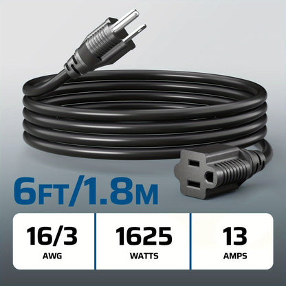 Three-Pack 6-Foot 16/3 Extension Cords in Black with Single Outlets and 13A 125V 1625W Labels