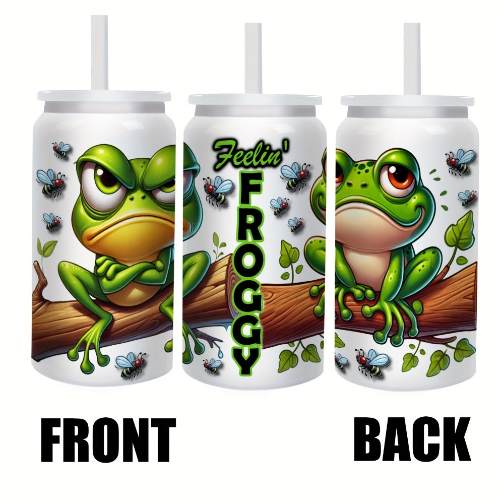 Frog Print Water Bottle Tumbler with Handle, Clear Foldable Straw and 16oz or 40oz Capacity Options