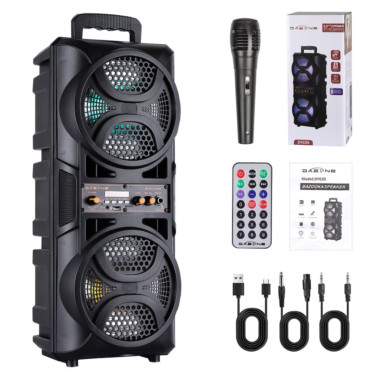 Portable PA Speaker Dual-Woofer RGB Karaoke System with 1800mAh Battery, Wired Mic and Remote