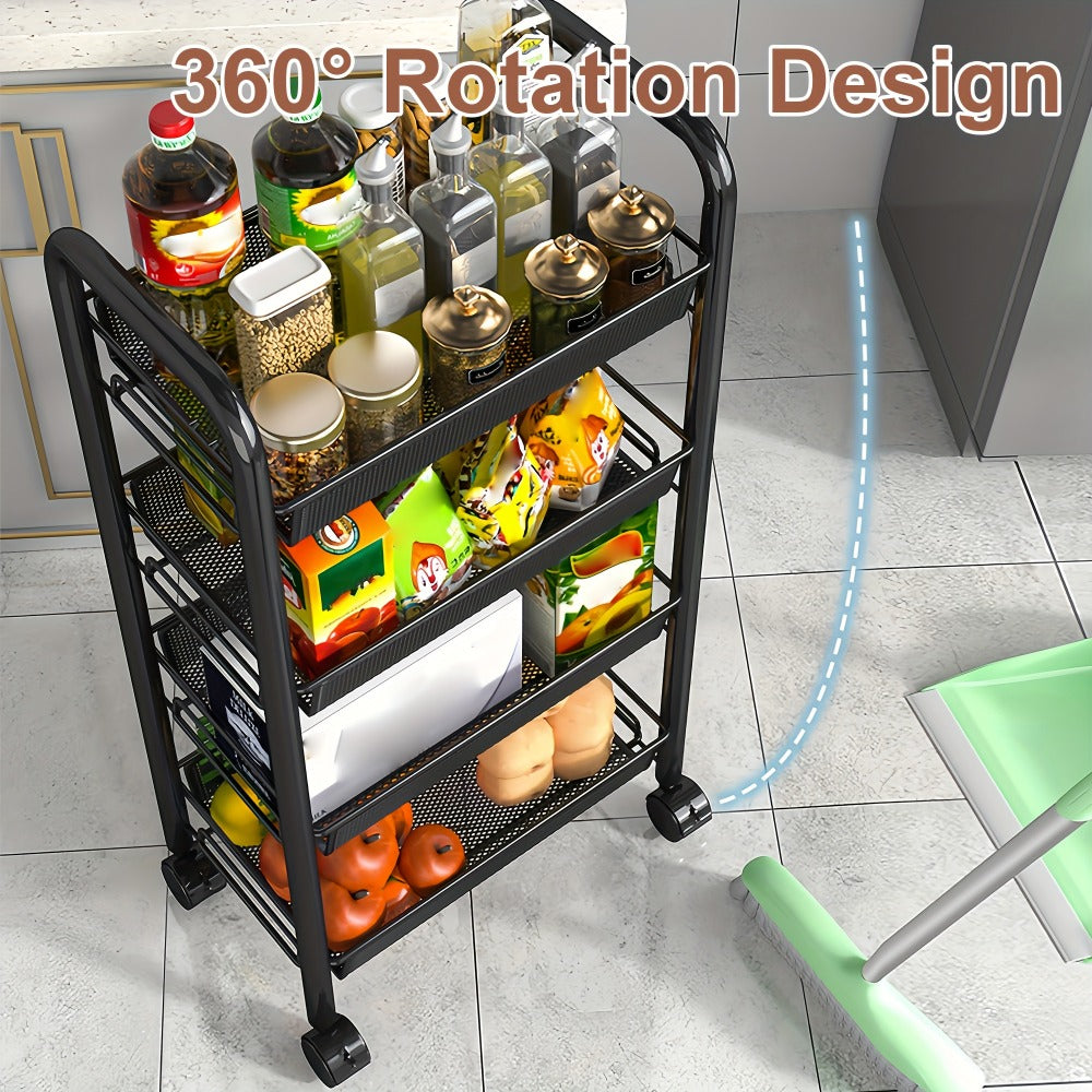 Three-, Four- or Five-Tier Black Carbon Steel Rolling Storage Cart with Detachable Wire Baskets