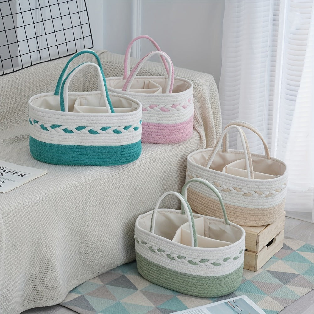 Oval Woven Rope Storage Basket, 14.17 x 9.06 x 6.69 Inches with Braided Handles and Divided Liner