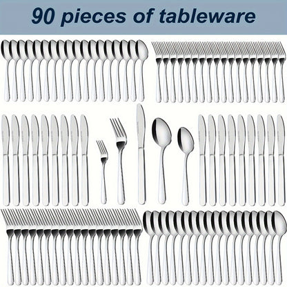 Stainless Steel Silverware Set 60 or 90 Piece with Gift Box – Service for 12 or 18, Includes Steak Knives, Salad Forks & Dessert Spoons, Dishwasher Safe Cutlery for Home, Wedding & Outdoor