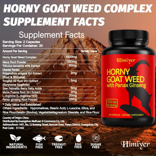 Horny Goat Weed Complex with Tongkat Ali, Ginseng & Premium Herbal Blend - Men's Vitality & Energy Support Supplement - 2 Pack Value Bundle