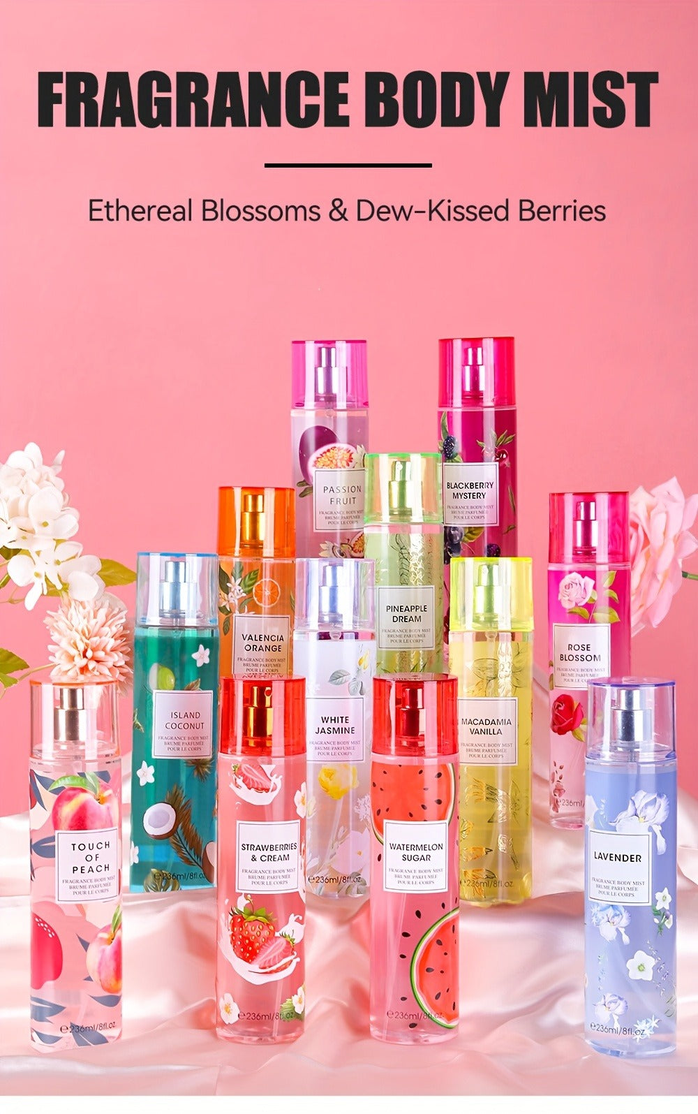 Body & Hair Fragrance Mist for Women 2pcs Set L1ong Lasting Fruity Perfume Spray 8 fl oz Pineapple Coconut Peach Strawberry Watermelon Scents Daily Dating Party Gift