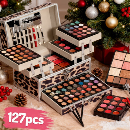 Silvery Makeup Kit Gift Box with Mirror Lipstick Eyeshadow & Blush – Multi-Functional Portable Complete Beauty Cosmetic Set for Teens Beginners Women Multiple Shades