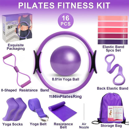 Pink or Purple 16-Piece Pilates Fitness Kit with Ring, Ball, Five Bands, Socks, Straps and Storage Bag