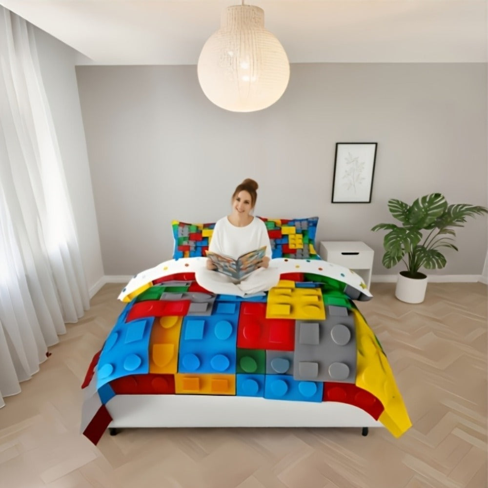 Building Block Duvet Cover Set with Multicolor Brick Print, Zipper Closure and Twin to King Sizes