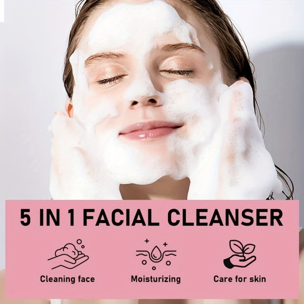 Brightening Face Wash 5-in-1 with Hyaluronic Acid Niacinamide Vitamin C Vitamin E & Collagen - Rich Foam Deep Cleansing Moisturizing Glow Facial Cleanser for Women 150g