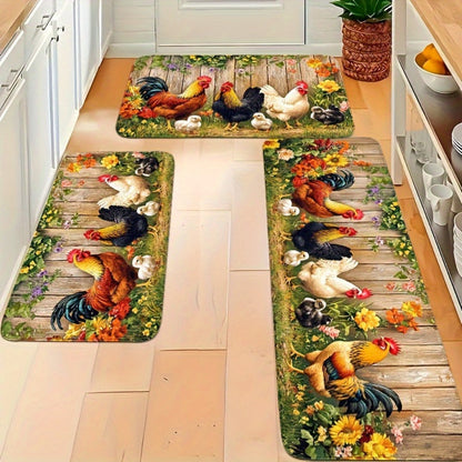 Rooster Farmhouse Kitchen Rugs in Round, Runner and 1- to 4-Piece Mat Set Size Options for Floors