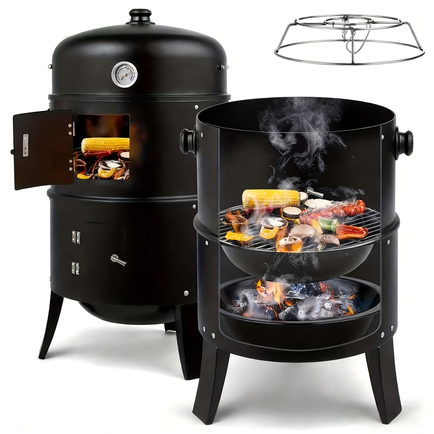 3-in-1 Barrel Charcoal Grill and Smoker with Two Access Doors, Top Vent, Thermometer and Upgrade Option