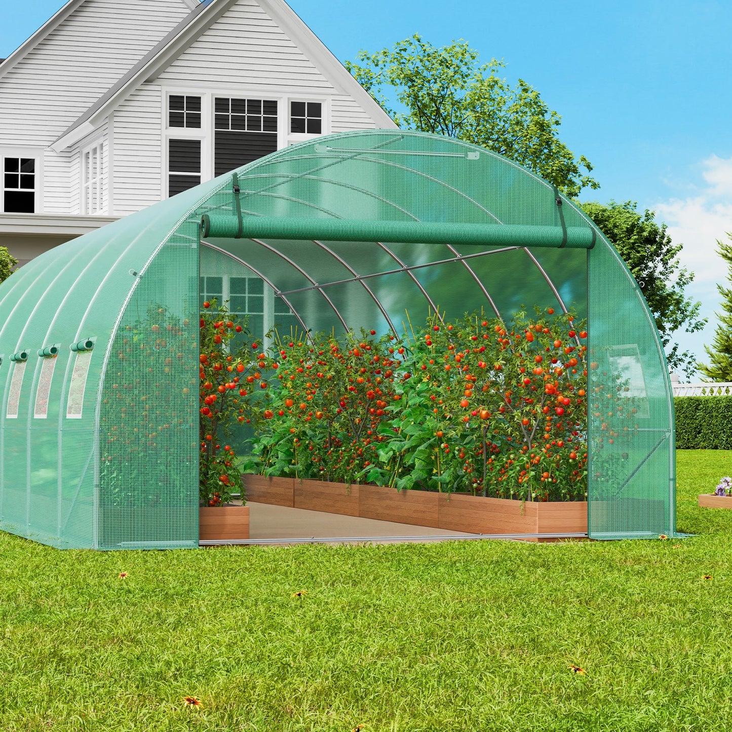10- to 20-Foot Tunnel Greenhouse with Green Cover, Roll-Up Door and Size-Specific Vent Windows