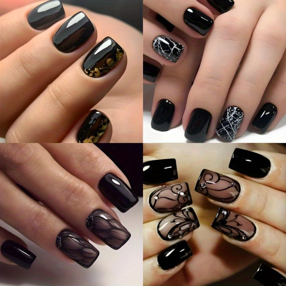 Press On Nails 96-Piece Short Square Black Ice-Crack Pattern Glossy Full-Cover Set with Nail Glue